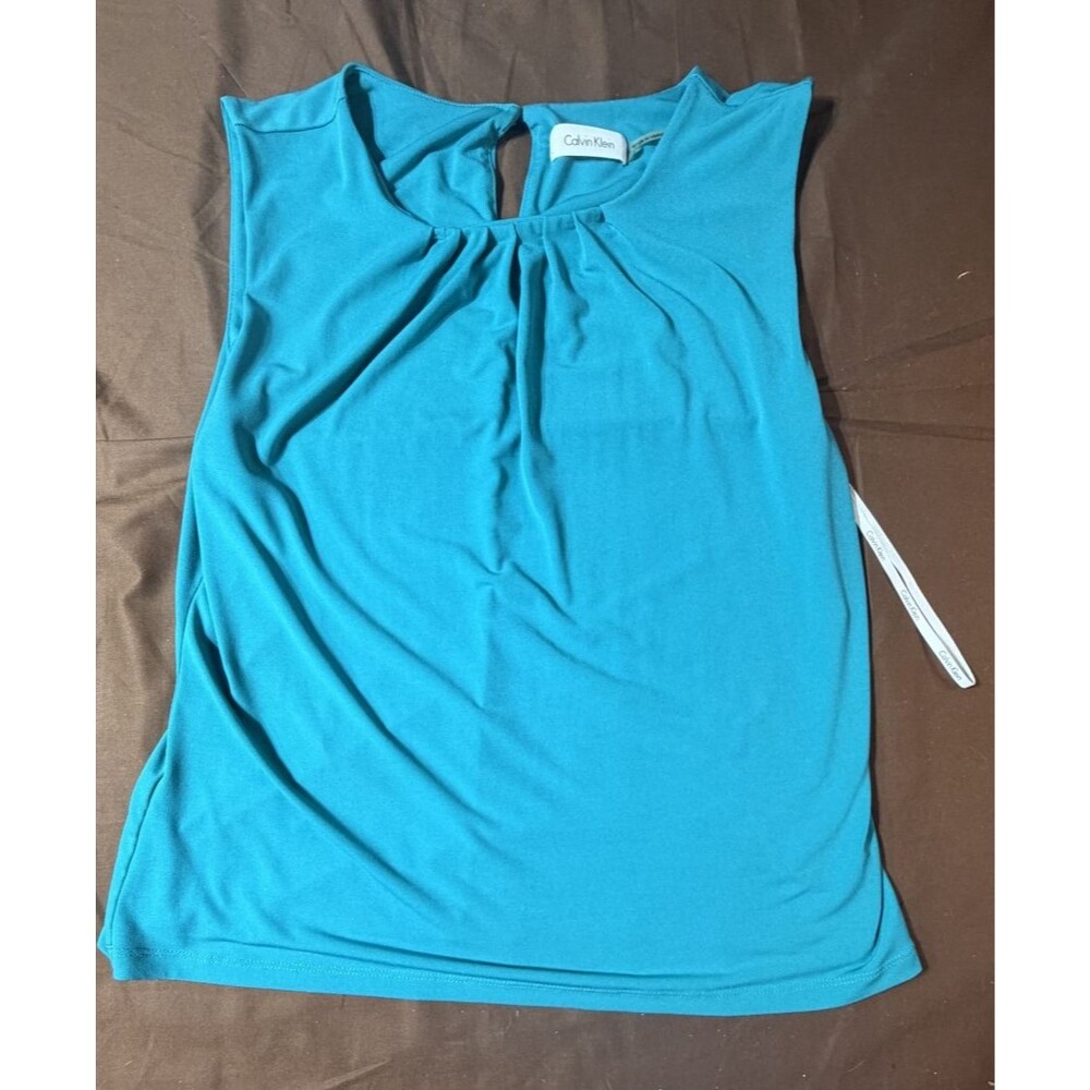 Calvin Klein Women's Pleated Crew Neck Tank Cami Size PL Petite Large Teal Stret